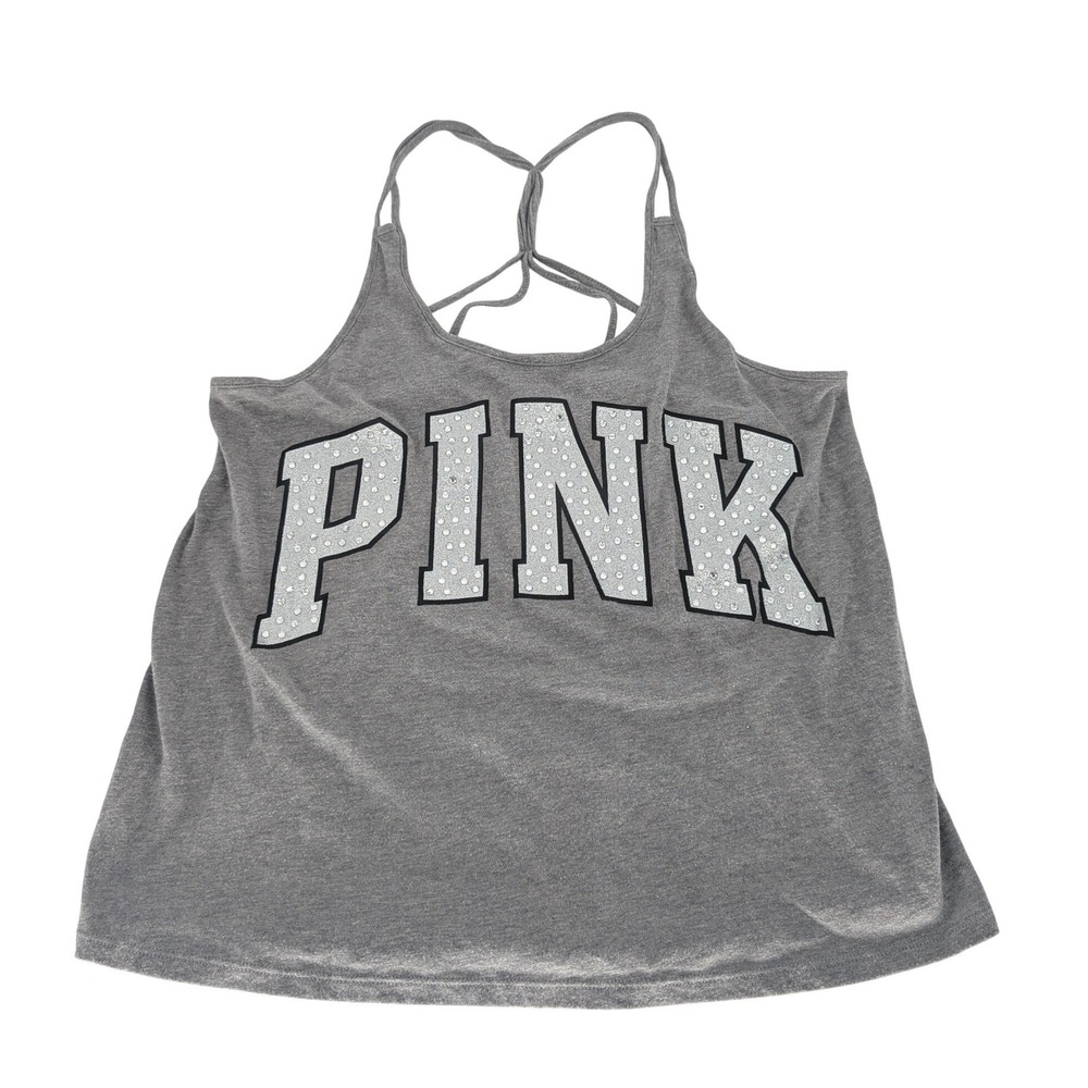PINK Victorias Secret Tank Top M Gray Rhinestone Strappy Back Bling Y2K Lounge